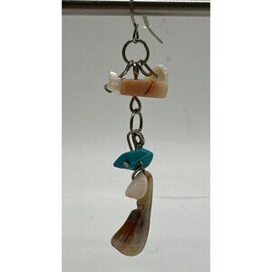 Silver Tone Natural Stone Shell Conch  Coral Dyed Howlite Dangle Earrings 2.5”